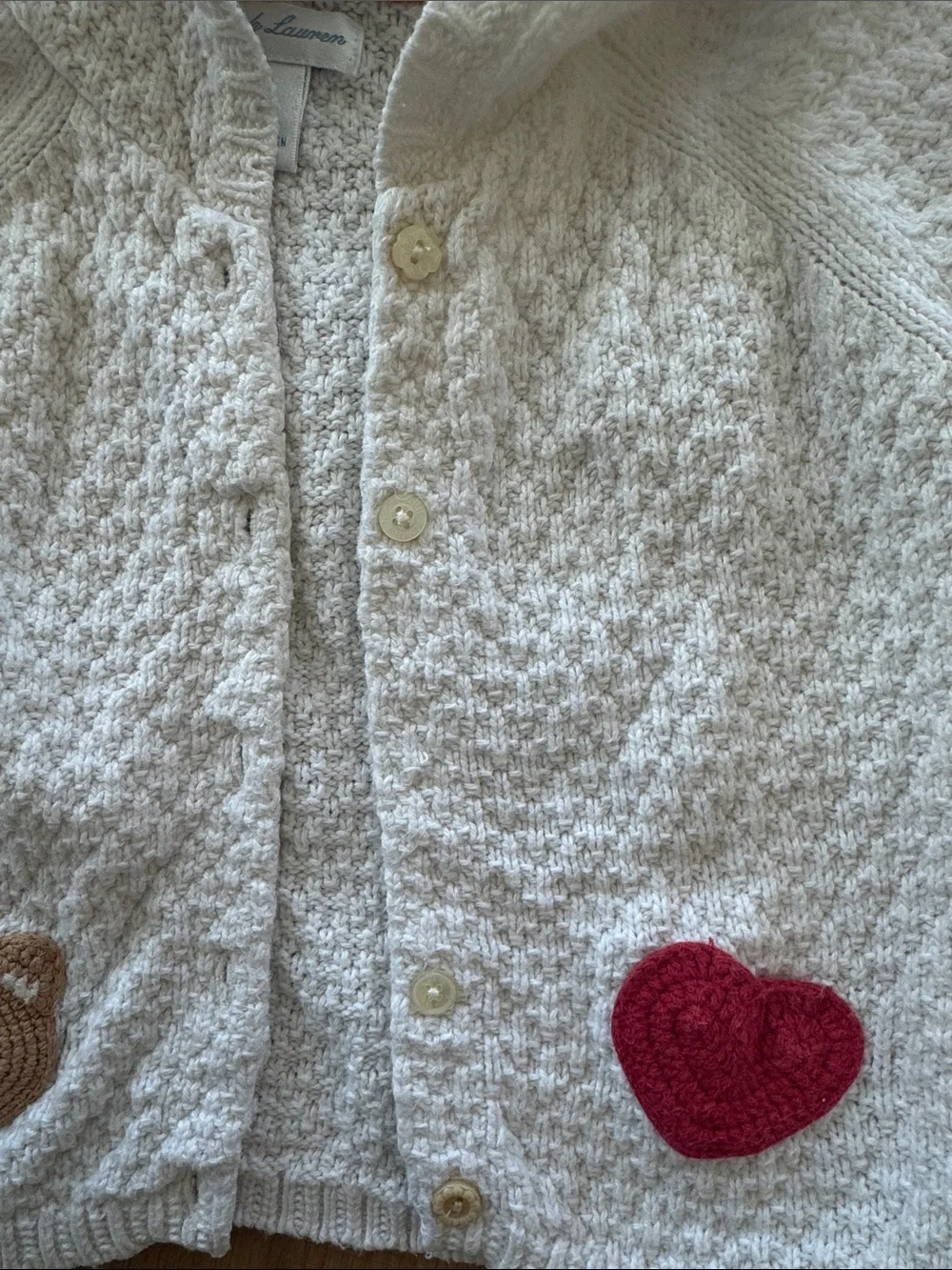 Ralph Lauren Cream Hooded Knit Cardigan with Red Heart & Brown Bear Patch